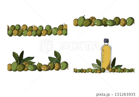 Olive berry, oil and leaves seamless border horizontal set. Vector graphic line ink colored illustration. Silhouette sign for logo, print, comics, fashion, pop art, boards, decoration, posters 131263935