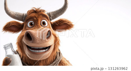 Cute Cartoon Character of a Cow Holding a Glass Bottle of Milk on White Background - Generative Ai Cute Cartoon Character of a Cow Holding a Glass Bottle of Milk on White Background - Generative Ai 131263962