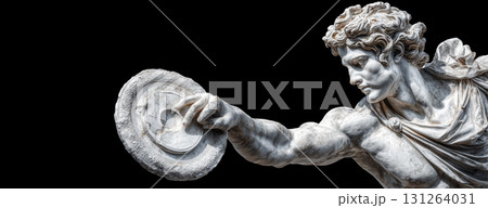 Close-up of Ancient Discobolus or Discus Thrower Statue Isolated on Black Background - Generative Ai Close-up of Ancient Discobolus or Discus Thrower Statue Isolated on Black Background - Generative Ai 131264031