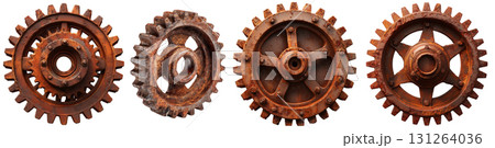 Collection of Old Rusty Metal Gears Isolated on White Background - Generative Ai 131264036