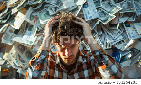 Man sweating over a mountain of credit card debt financial 131264283