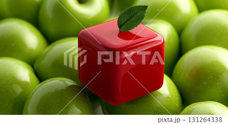 Extreme Close-up of One Cube Shaped Red Apple Between the Normal Green Apples - Generative Ai Extreme Close-up of One Cube Shaped Red Apple Between the Normal Green Apples - Generative Ai 131264338