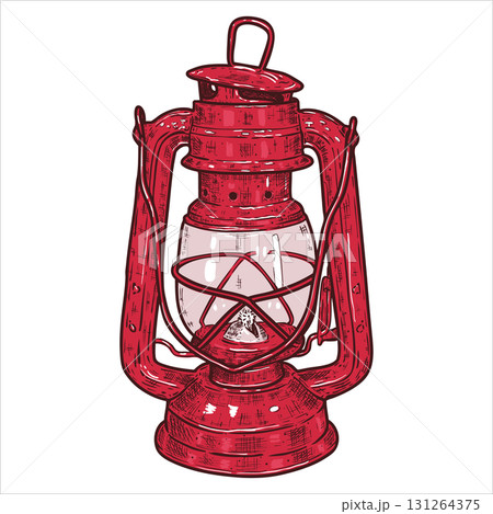Hand drawn vintage red kerosene lamp. Vector illustration. Hand drawn vintage red kerosene lamp. Vector illustration. 131264375