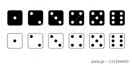 Game dice Icon with side of cube from one to six number. Set of black and white icon sided for gamble. Dot on cube of casino. Game dice Icon with side of cube from one to six number. Set of black and white icon sided for gamble. Dot on cube of casino. 131264403