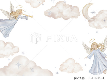 Horizontal Banner watercolor illustration with angel with nimbus. Postcard for Christmas or Christian Nativity for religious baptism. Hand drawn illustration clouds and birds, stars, snowflakes Horizontal Banner watercolor illustration with angel with nimbus. Postcard for Christmas or Christian Nativity for religious baptism. Hand drawn illustration clouds and birds, stars, snowflakes 131264461