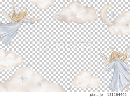 Horizontal Banner watercolor illustration with angel with nimbus. Postcard for Christmas or Christian Nativity for religious baptism. Hand drawn illustration clouds and birds, stars, snowflakes Horizontal Banner watercolor illustration with angel with nimbus. Postcard for Christmas or Christian Nativity for religious baptism. Hand drawn illustration clouds and birds, stars, snowflakes 131264461