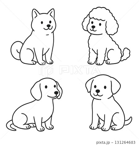 犬の線画イラスト4種セット（柴犬・チワワ・プードル・ダックスフンド）シンプル・背景なし・素材 131264683