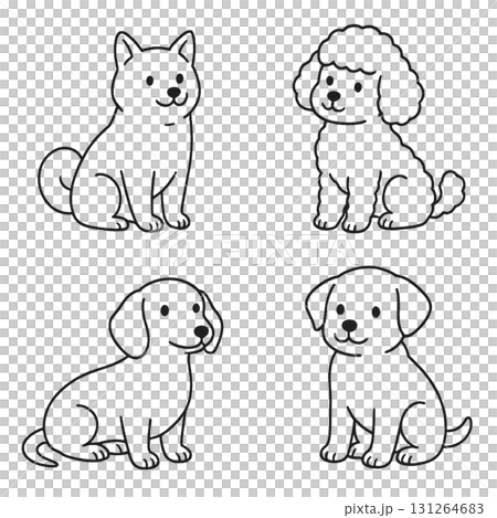 犬の線画イラスト4種セット（柴犬・チワワ・プードル・ダックスフンド）シンプル・背景なし・素材 131264683