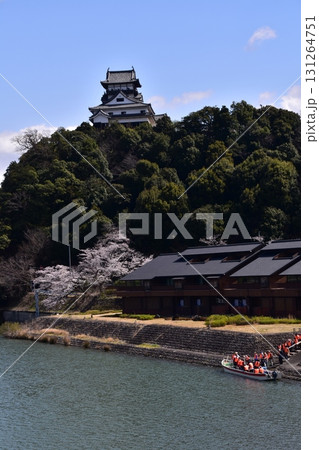 日本の愛知県の犬山市 春の犬山城と満開の桜 木曽川を進む遊覧船と美しい青空 観光客が船に乗り込む様子 日本の愛知県の犬山市 春の犬山城と満開の桜 木曽川を進む遊覧船と美しい青空 観光客が船に乗り込む様子 131264751