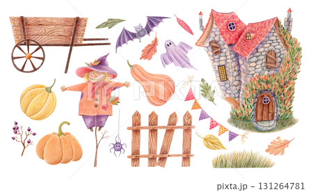 Halloween illustration set with haunted house, scarecrow, pumpkins, and autumn elements isolated on white 131264781