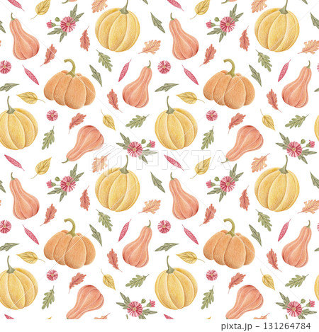 Pumpkin and autumn leaves seamless pattern, harvest Thanksgiving illustration 131264784