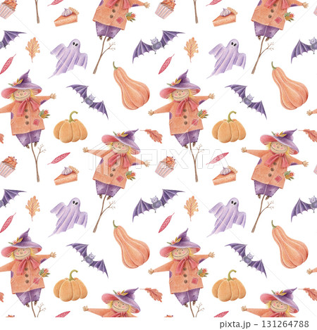 Halloween seamless pattern with scarecrow, pumpkins, bats and ghosts Halloween seamless pattern with scarecrow, pumpkins, bats and ghosts 131264788