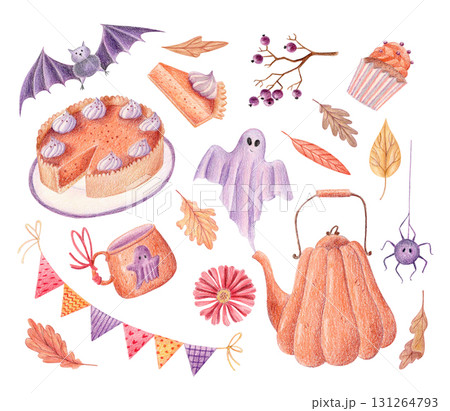 Halloween pumpkins tea set with ghost, bat, treats and autumn leaves illustration clipart 131264793