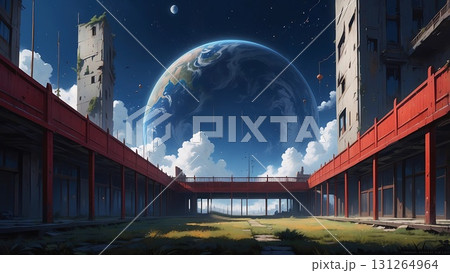 ゲーム背景 地球が見える宇宙の廃工場風景 ゲーム背景 地球が見える宇宙の廃工場風景 131264964