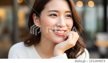 手に顎を乗せ微笑む女性 131264973