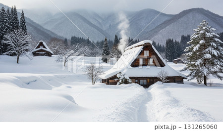 雪深い合掌造りの風景 131265060