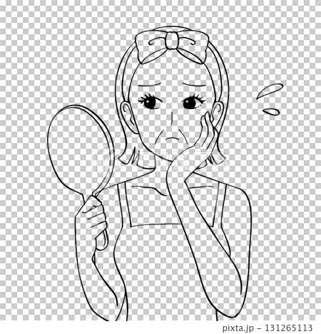 ほうれい線が気になり鏡を見る女性の白黒イラスト 131265113