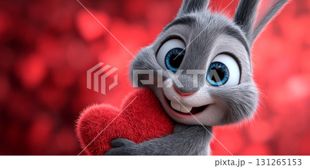 Portrait  of a Cute Smiling Bunny Hugs a Red Heart on a Red Background with Copy Space - Generative Ai Portrait  of a Cute Smiling Bunny Hugs a Red Heart on a Red Background with Copy Space - Generative Ai 131265153