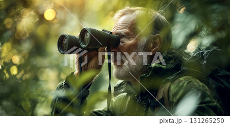 Portrait of an Old Caucasian Male Birdwatcher With Binoculars in a Green Forest - Generative Ai 131265250