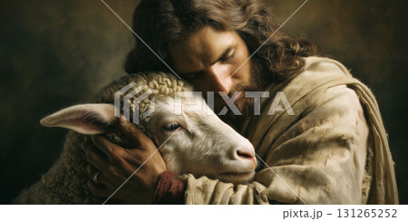 Portrait of Jesus Christ Hugging the Lost Sheep Christian Symbol - Generative Ai Portrait of Jesus Christ Hugging the Lost Sheep Christian Symbol - Generative Ai 131265252