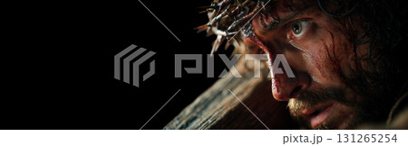 Portrait of Suffering Jesus Christ with Crown of Thorns Carrying his Wooden Cross - Generative Ai 131265254