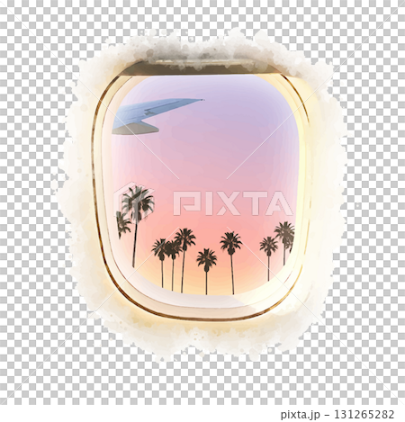 飛行機の窓から見えるヤシの木とピンク色の空 水彩画風 131265282