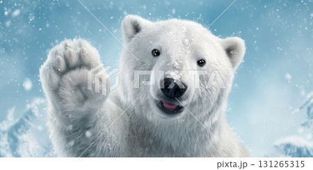 Portrait of an Adorable White Polar Bear Waving with His Paw Raised - Generative Ai 131265315