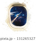 飛行機の窓から広がる宇宙とロケット 水彩画風 131265327