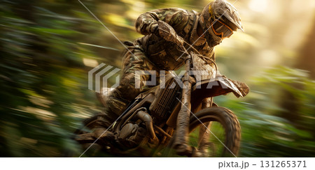 Side View of a Man Riding an Off-road Motorcycle in a Green Forest - Generative Ai 131265371