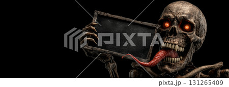 Terrifying Human Skeleton Holding a Blank Blackboard with Copy Space - Generative Ai 131265409