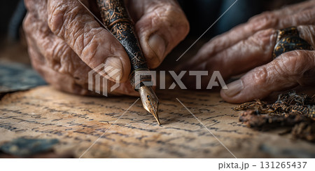 Wrinkled Hand Holding an Old Fountain Pen on a Handwritten Document - Generative Ai 131265437
