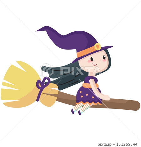 Witch flying on broom vector cartoon flat icon Witch flying on broom vector cartoon flat icon 131265544