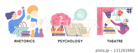 Cartoon Color Education Course Concept Rhetoric, Psychology and Theatre Subjects Set Flat Design Style. Vector illustration 131265660
