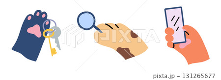 Cartoon Color Cat Paws Holding Various Object Magnifier, Keys and Smartphone Set Concept Flat Design Style. Vector illustration 131265677
