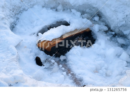 Small log in forest snow in winter, close-up view. Snow ice in ground. Small log in forest snow in winter, close-up view. Snow ice in ground. 131265756