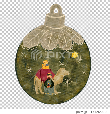 Christmas ornament with a wise man, camel, and Bethlehem star. Watercolor festive illustration isolated on white for Christian holiday decoration, greeting cards, nativity scenes, and seasonal design Christmas ornament with a wise man, camel, and Bethlehem star. Watercolor festive illustration isolated on white for Christian holiday decoration, greeting cards, nativity scenes, and seasonal design 131265808