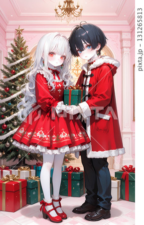 クリスマスの思い出。プレゼントを持ったアルビノの女の子と碧眼の男の子。日本の漫画風のAIイラスト 131265813