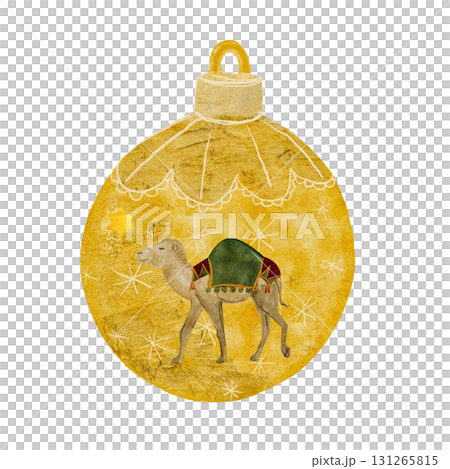 Christmas yellow tree ball with a star and a camel isolated on white in watercolor. Illustration for textile, cards, Christmas, new year, invitations, posters, stickers, posters, totes decor. Nativity 131265815