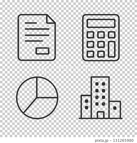 Set of four line icons: documents, calculator, pie chart, and office building, simple, material, no background 131265980