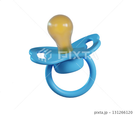 3D Blue baby pacifier icon. Silicone nipple. Newborn boy accessory  in soft pastel colors isolated on a transparent background. 3D render 131266120