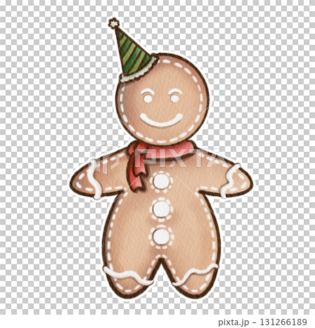 Watercolor Gingerbread Man with Party Hat and Scarf 131266189
