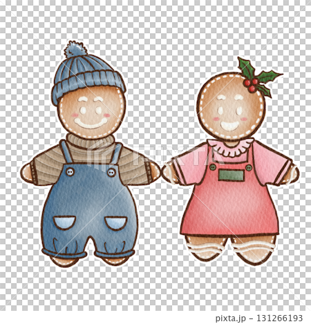 Festive Watercolor Gingerbread Pair Illustration in Seasonal Outfits for Holiday Decoration 131266193