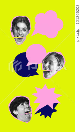 Vibrant collage. Three expressive faces in black and white with pink and dark speech bubbles on neon yellow background 131266202