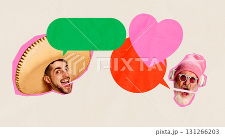 Creative collage. Man in sombrero talking with old man in pink hat and headphones surrounded by green and red speech bubbles. Creative collage. Man in sombrero talking with old man in pink hat and headphones surrounded by green and red speech bubbles. 131266203
