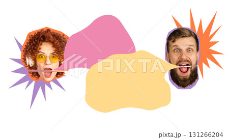Trendy artwork. Woman in yellow glasses arguing with surprised man on abstract background of pink and orange speech bubbles. 131266204