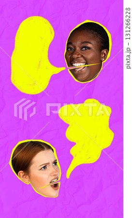 Modern collage. Expressive women faces with yellow speech bubbles on purple background 131266228