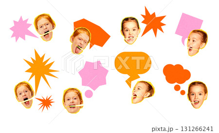 Graphic composition. Children expressive faces with orange pink speech bubbles on white background Graphic composition. Children expressive faces with orange pink speech bubbles on white background 131266241