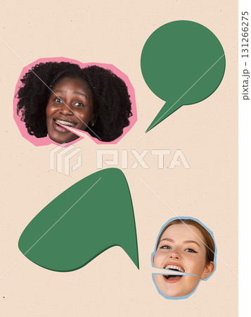 Creative collage. Two smiling women with green speech bubbles on beige background Creative collage. Two smiling women with green speech bubbles on beige background 131266275