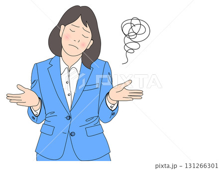 両手を広げて肩をすくめる お手上げポーズのビジネスウーマン女性のイラスト 上半身正面 カラー 青 131266301