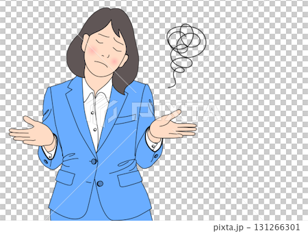 両手を広げて肩をすくめる お手上げポーズのビジネスウーマン女性のイラスト 上半身正面 カラー 青 131266301